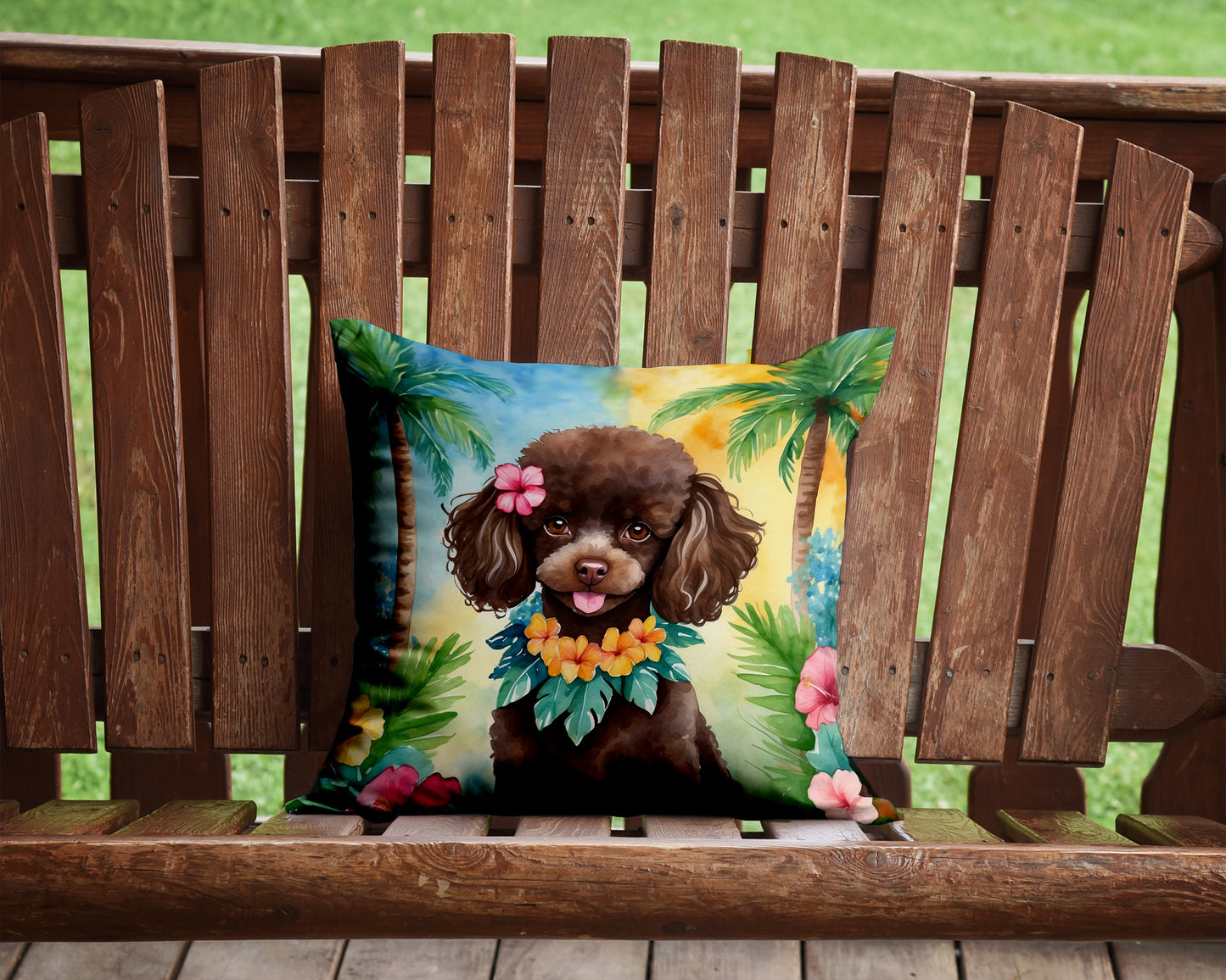 Chocolate Poodle Luau Throw Pillow