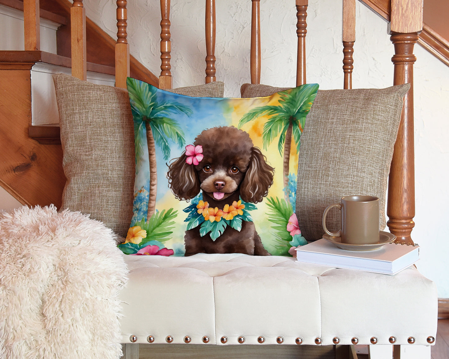 Chocolate Poodle Luau Throw Pillow