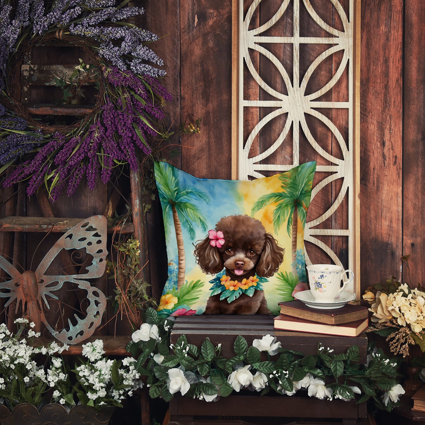 Chocolate Poodle Luau Throw Pillow