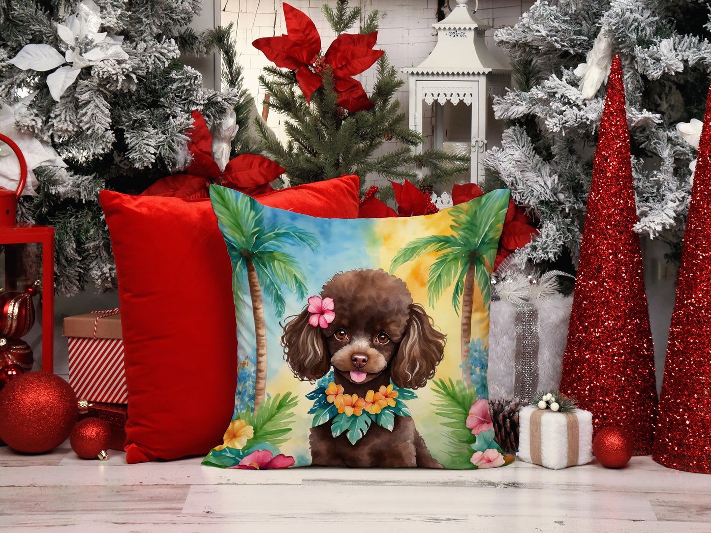 Chocolate Poodle Luau Throw Pillow