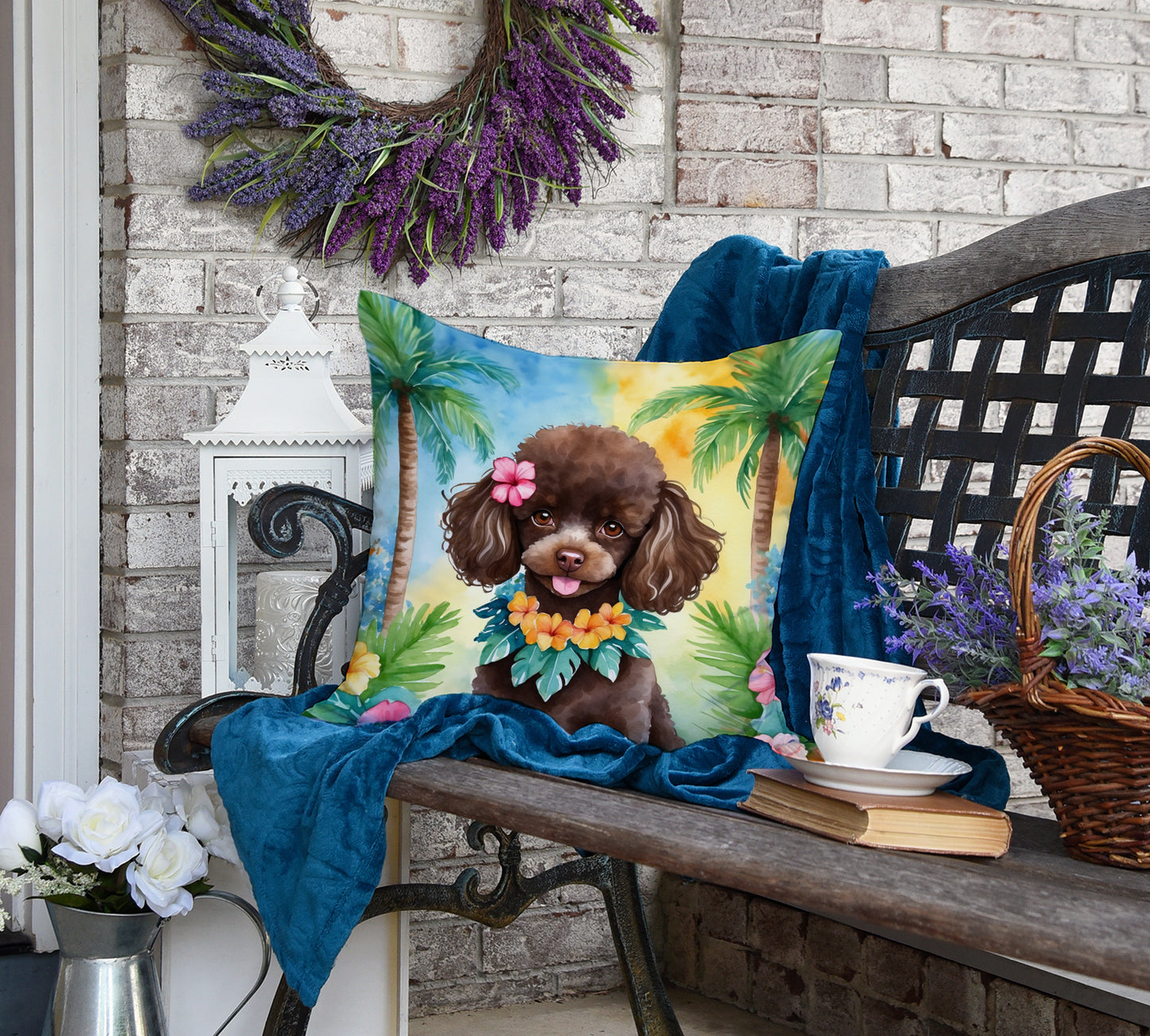 Chocolate Poodle Luau Throw Pillow