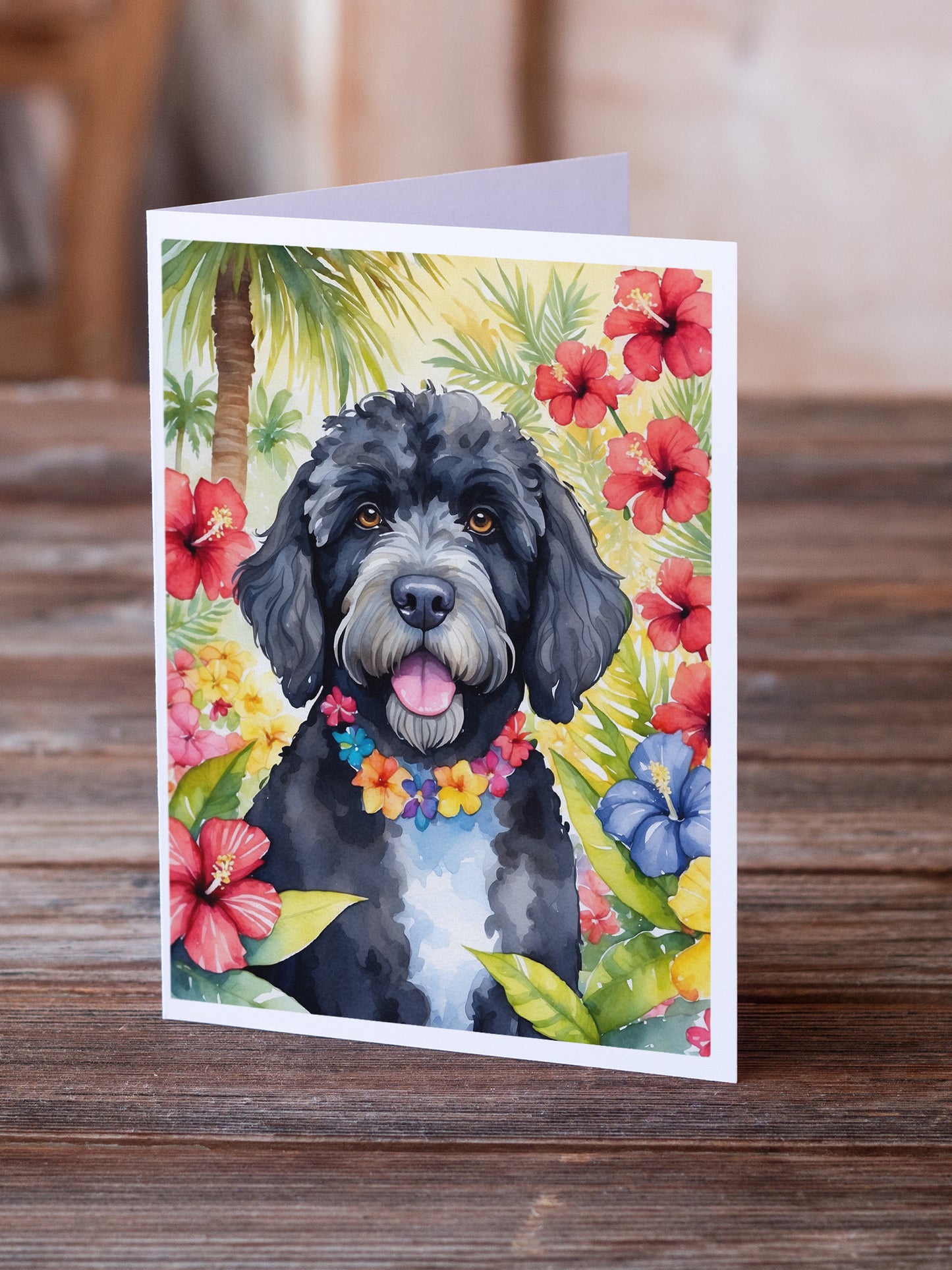 Portuguese Water Dog Luau Greeting Cards Pack of 8