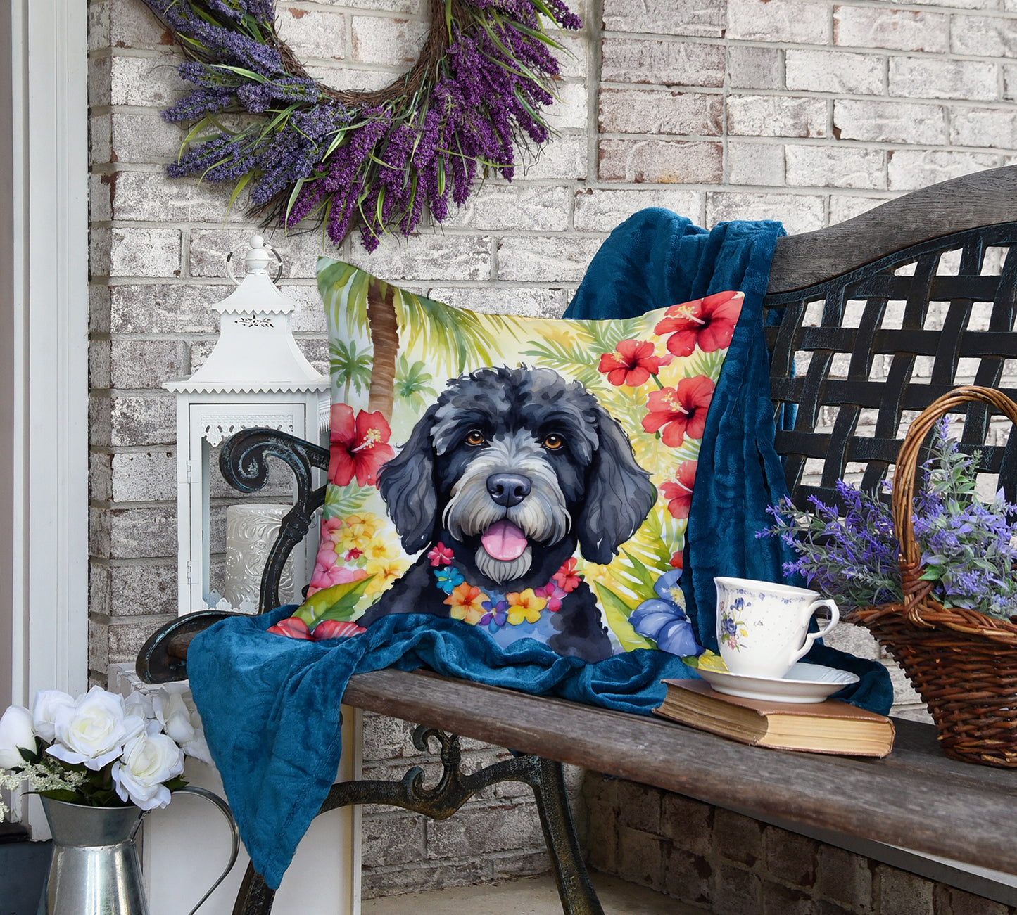 Portuguese Water Dog Luau Throw Pillow