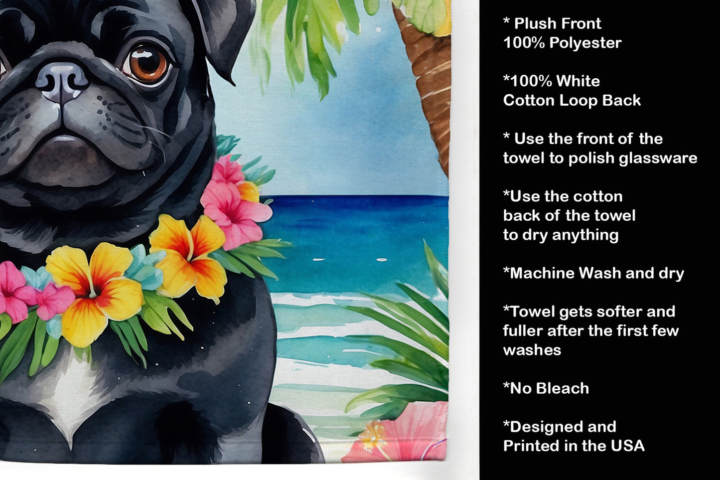 Black Pug Luau Kitchen Towel