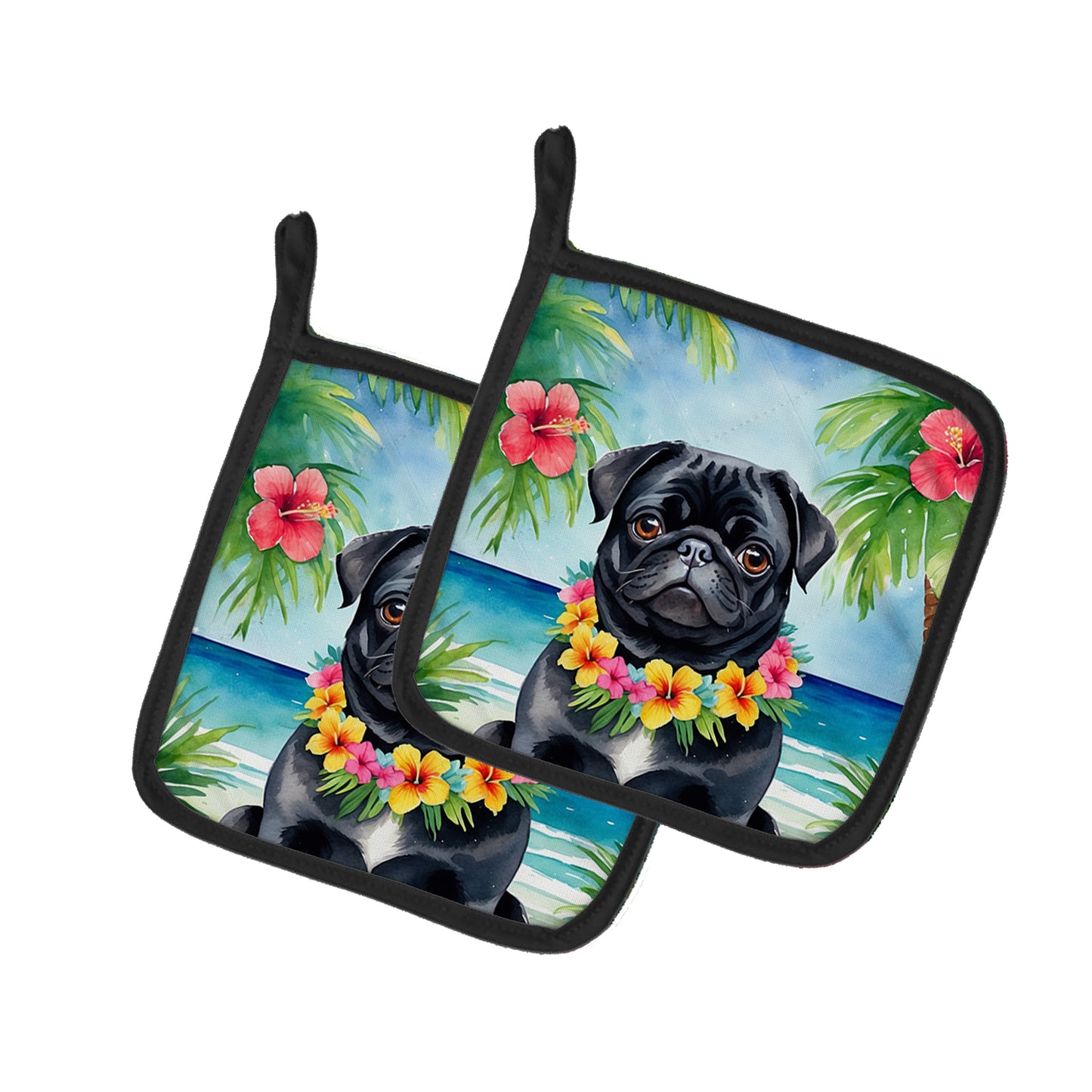 Buy this Black Pug Luau Pair of Pot Holders