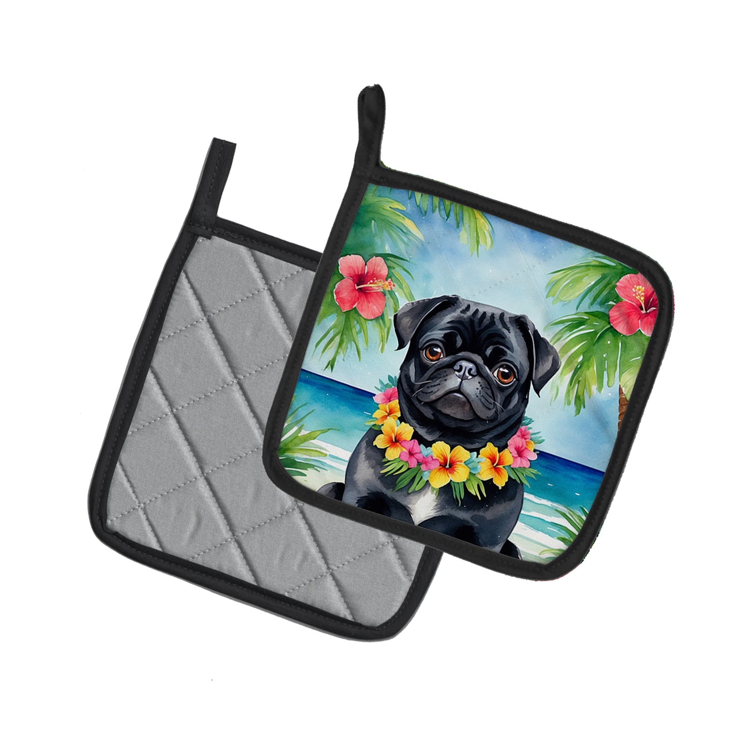 Black Pug Luau Pair of Pot Holders