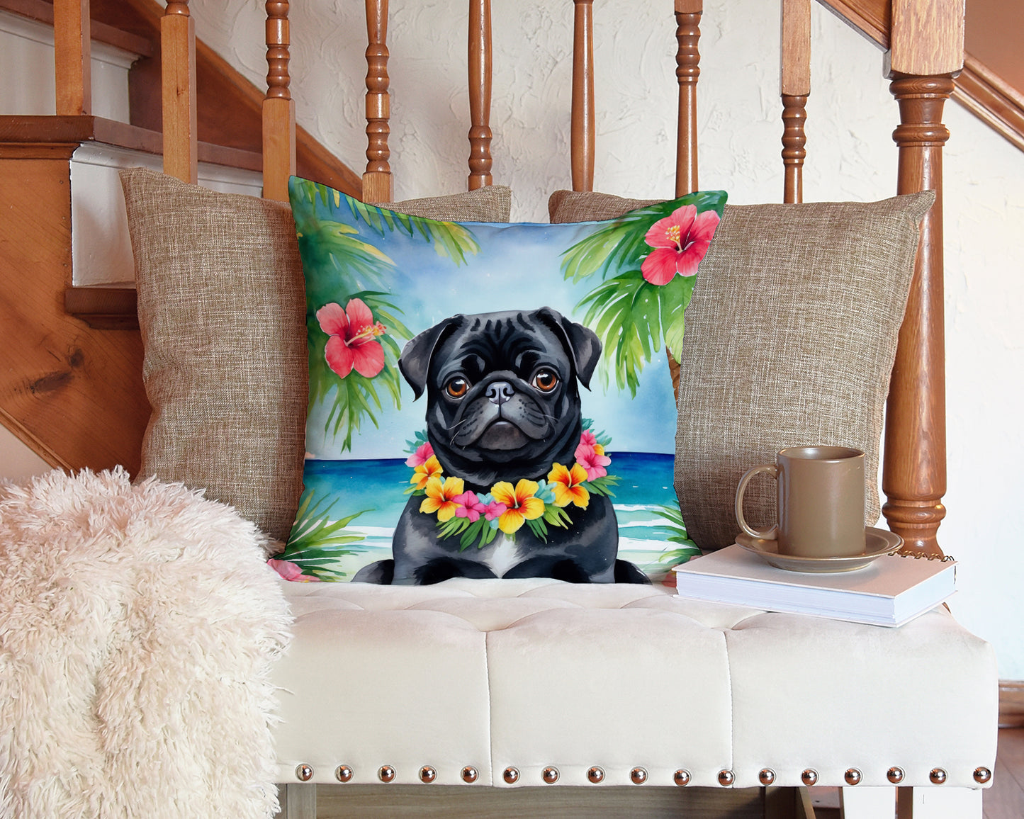 Black Pug Luau Throw Pillow