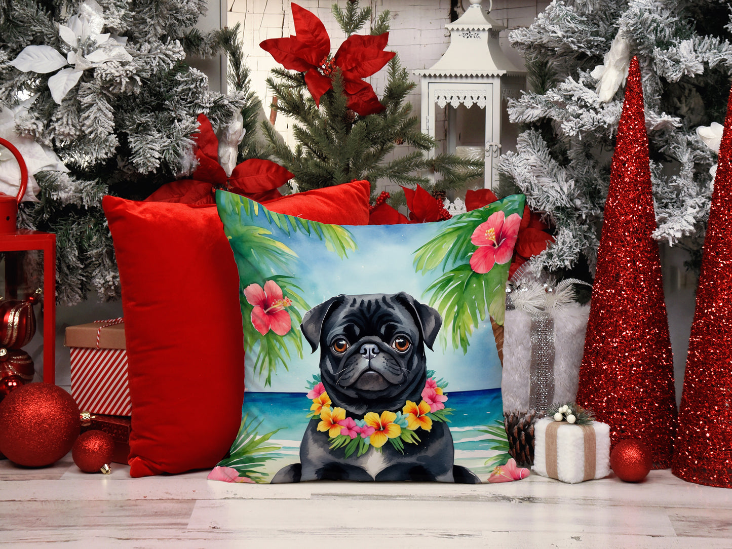 Black Pug Luau Throw Pillow