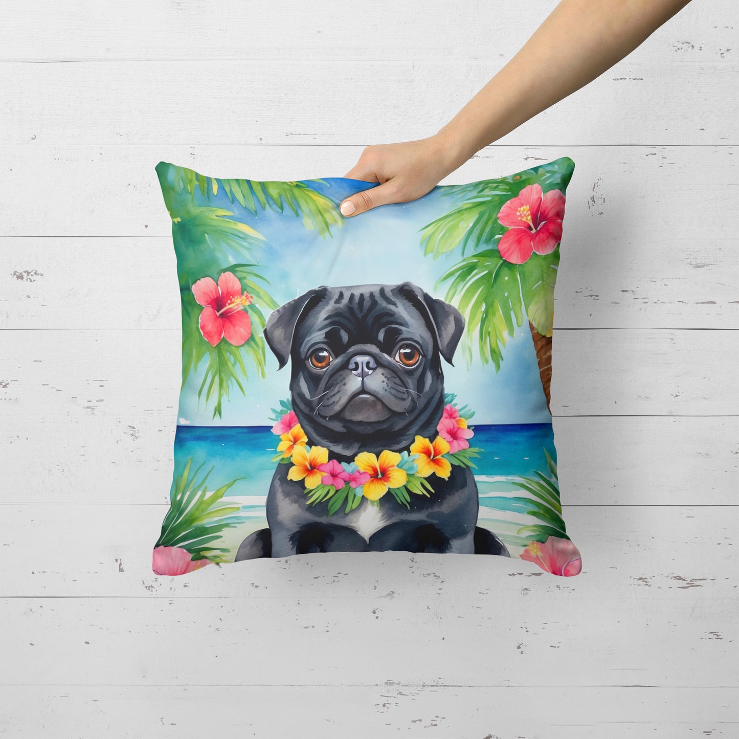 Black Pug Luau Throw Pillow