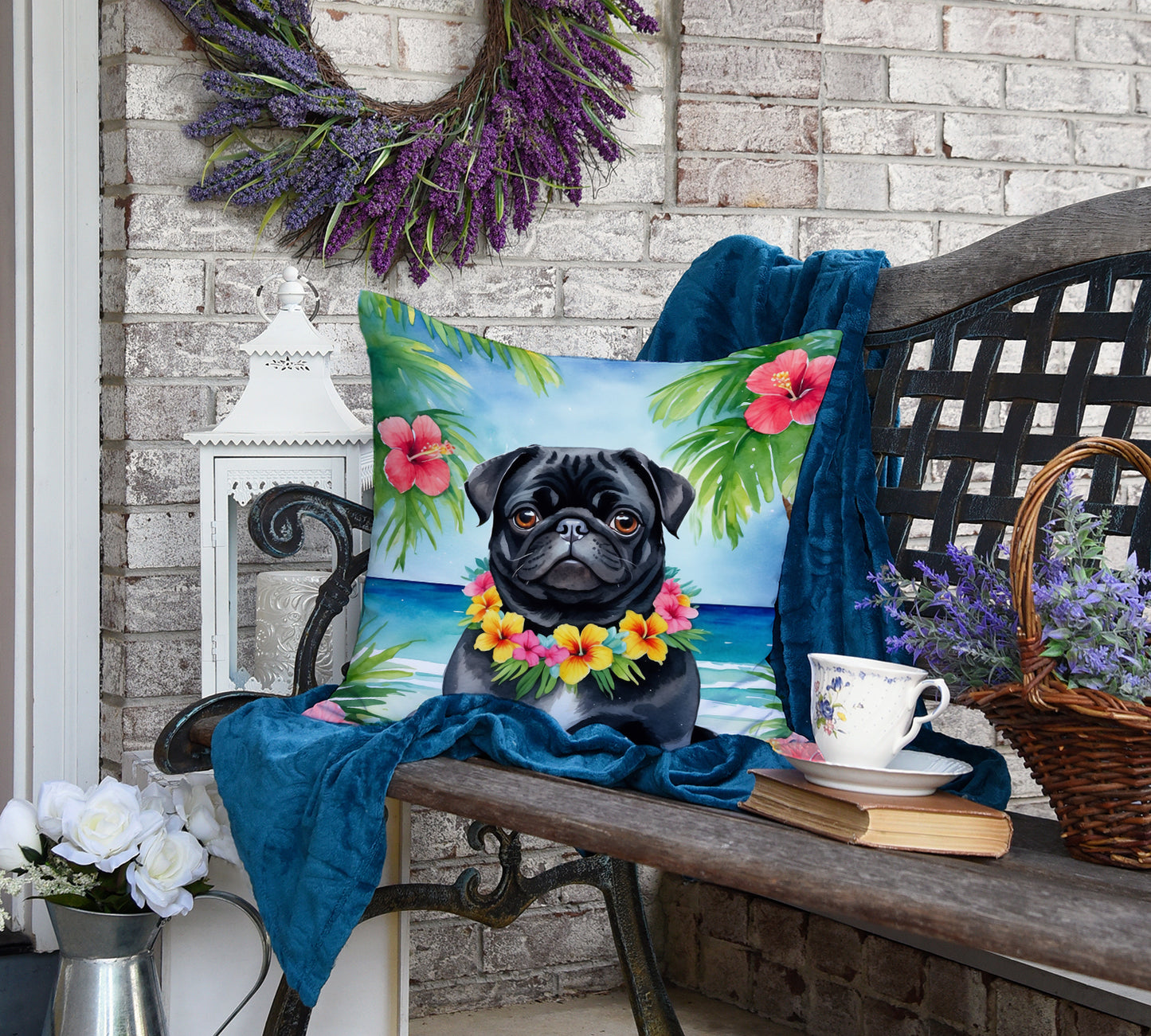 Black Pug Luau Throw Pillow