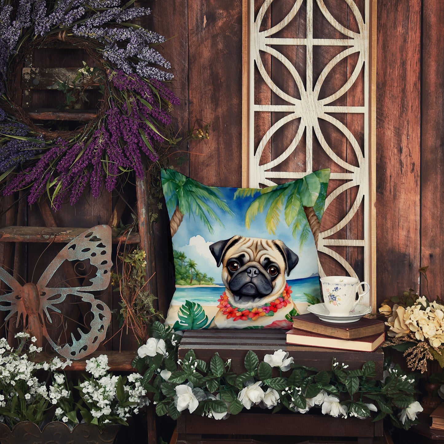 Pug Luau Throw Pillow