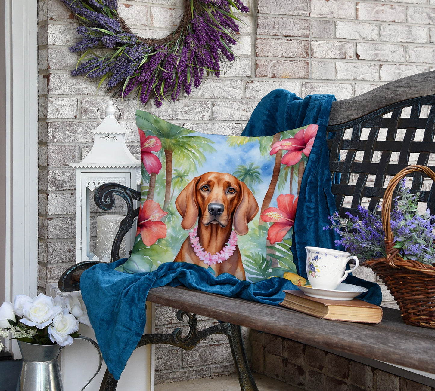 Redbone Coonhound Luau Throw Pillow