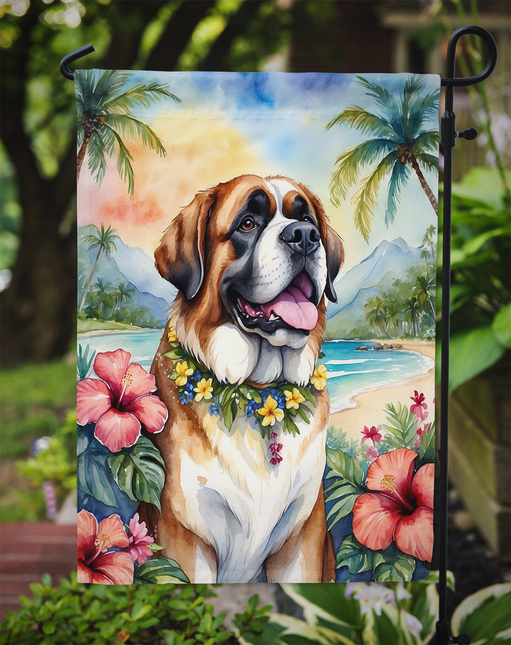 Saint Bernard Luau Garden Flag