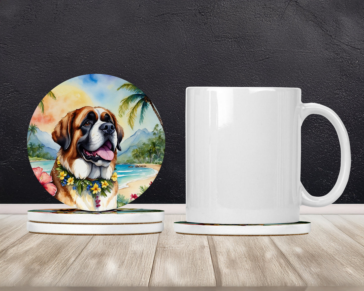 Saint Bernard Luau Large Sandstone Coasters Pack of 4