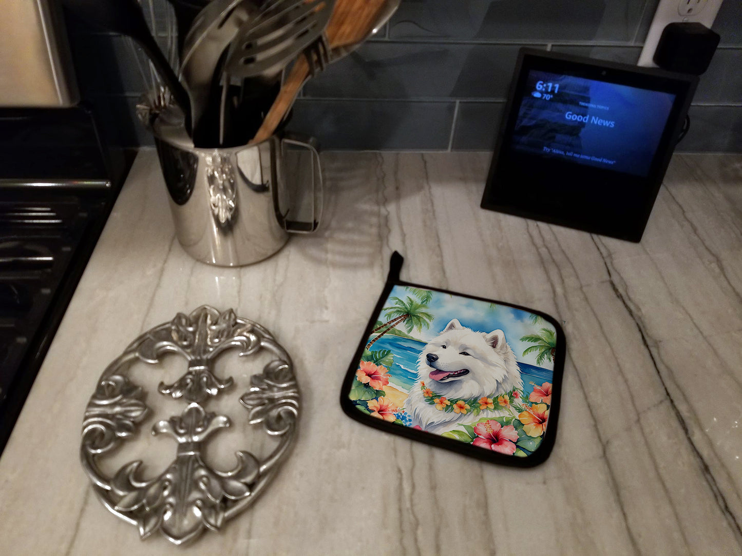 Samoyed Luau Pair of Pot Holders