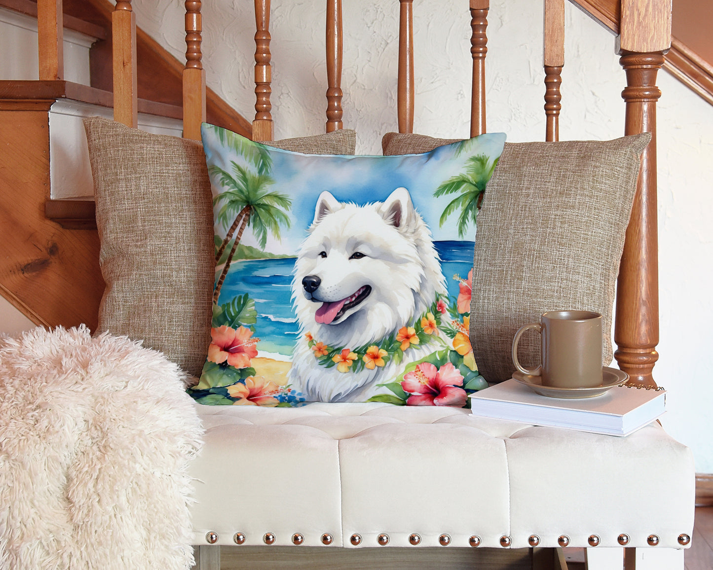 Samoyed Luau Throw Pillow