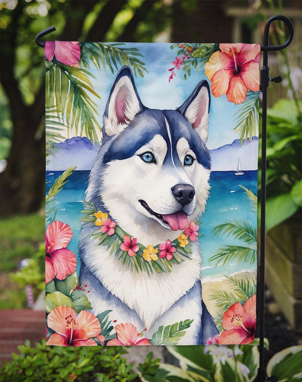 Siberian Husky Luau Garden Flag