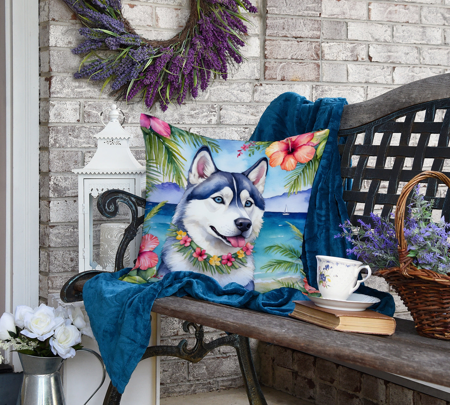 Siberian Husky Luau Throw Pillow