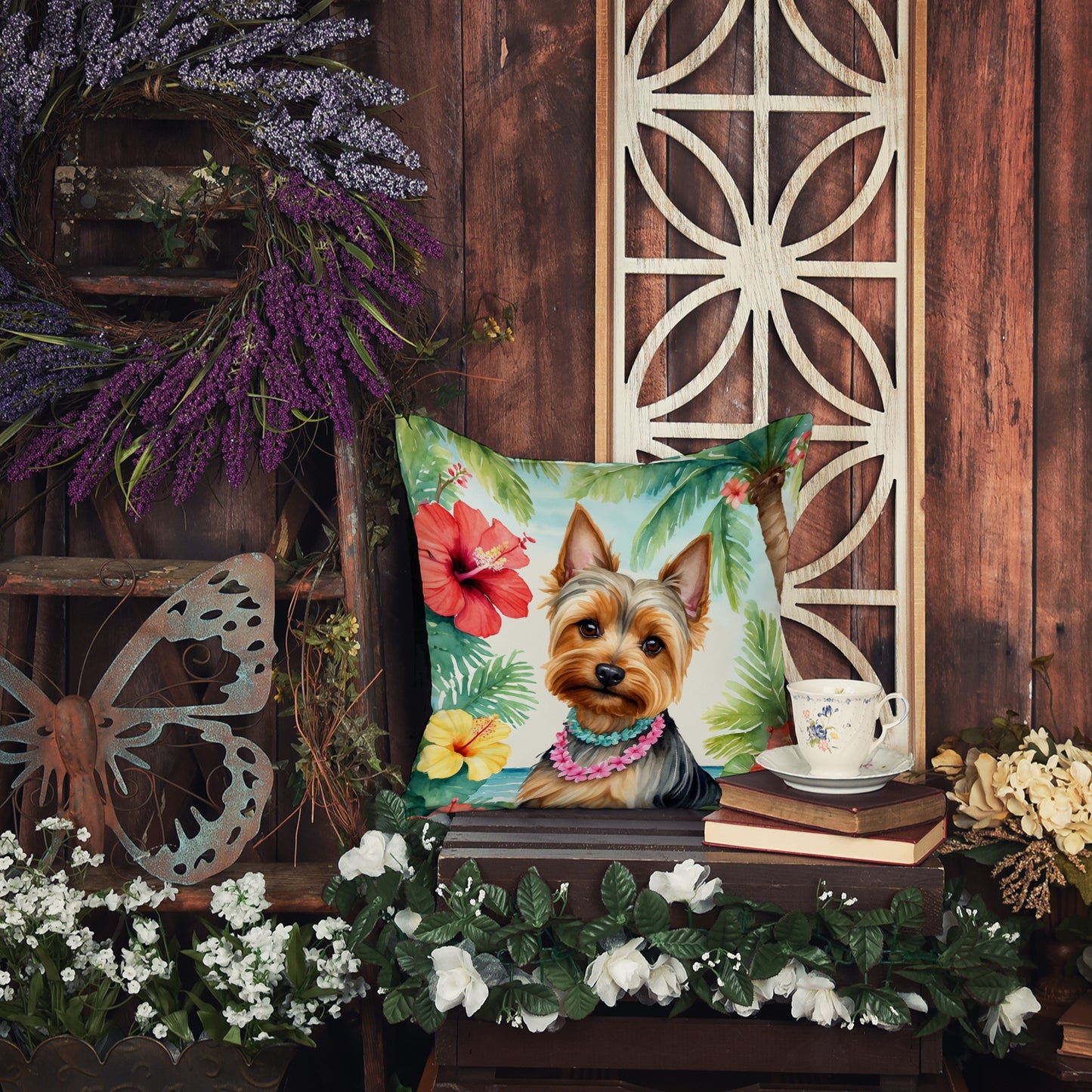 Silky Terrier Luau Throw Pillow