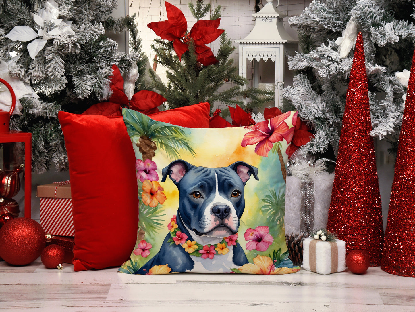 Staffordshire Bull Terrier Luau Throw Pillow