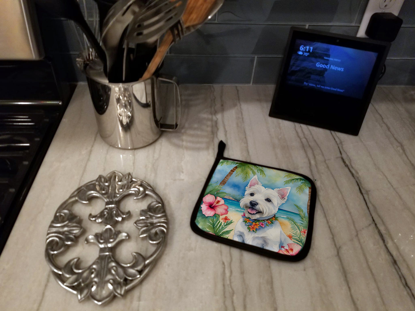 Westie Luau Pair of Pot Holders