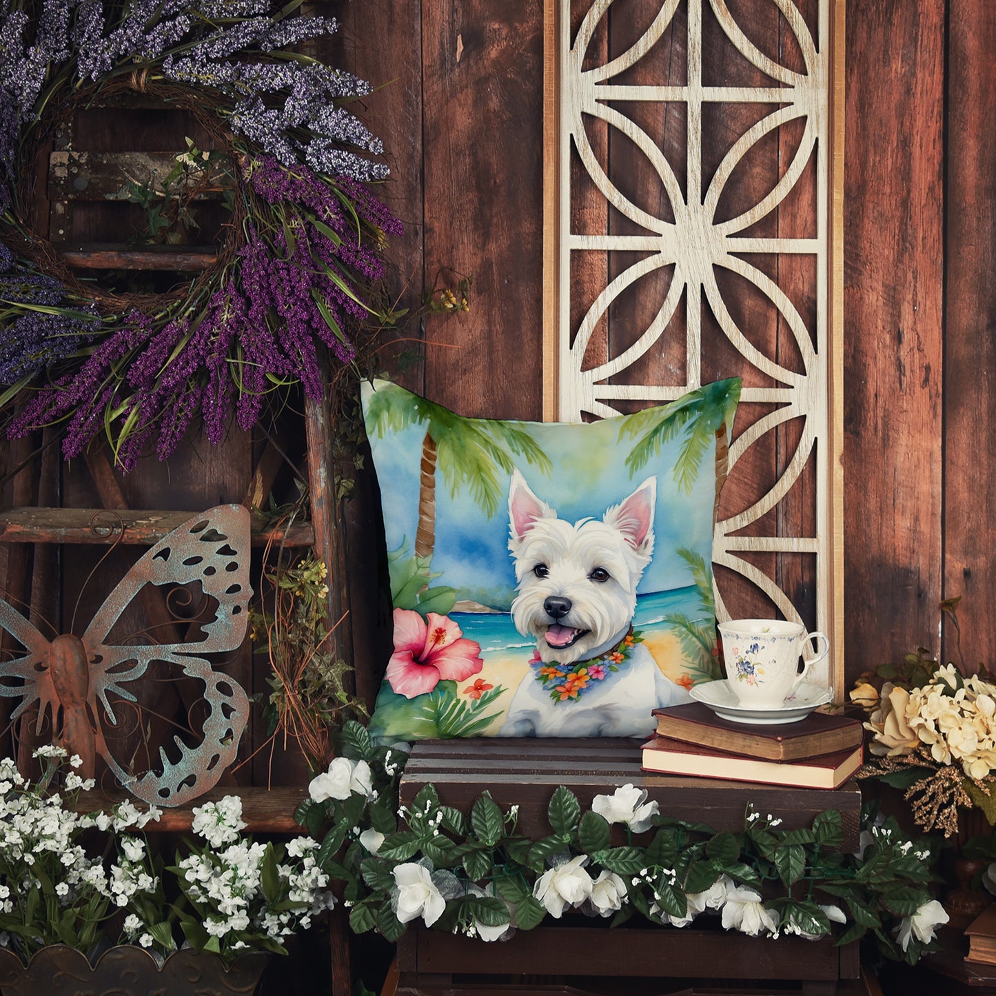 Westie Luau Throw Pillow