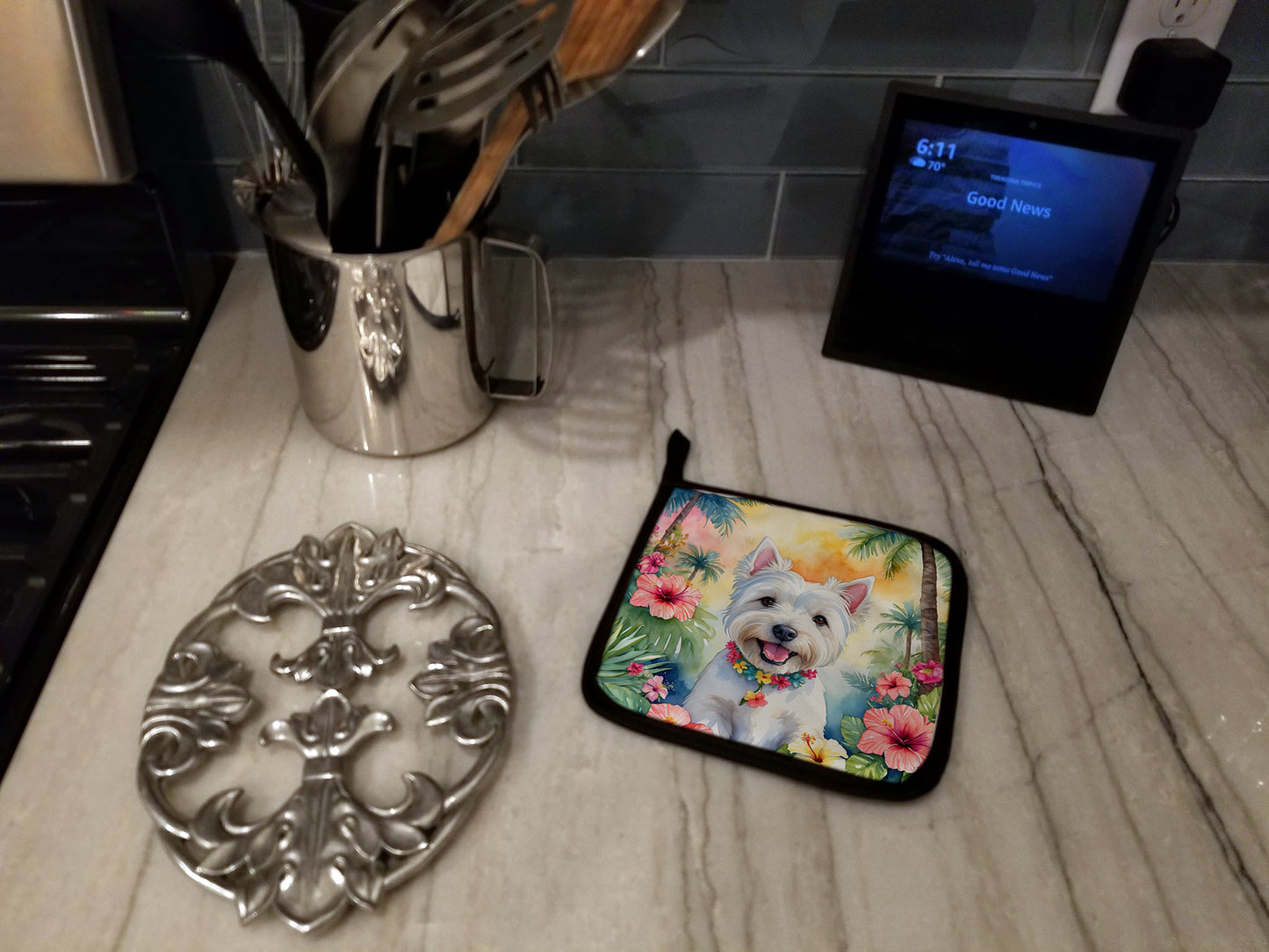Westie Luau Pair of Pot Holders