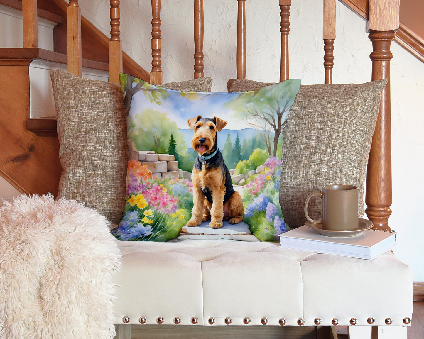 Airedale Terrier Spring Garden Throw Pillow