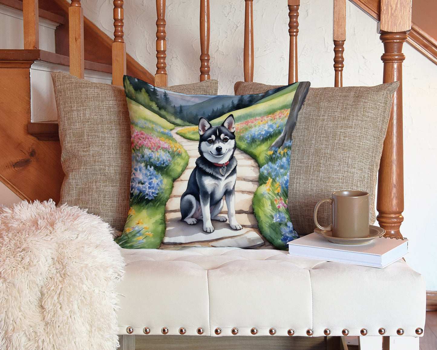 Alaskan Klee Kai Spring Garden Throw Pillow