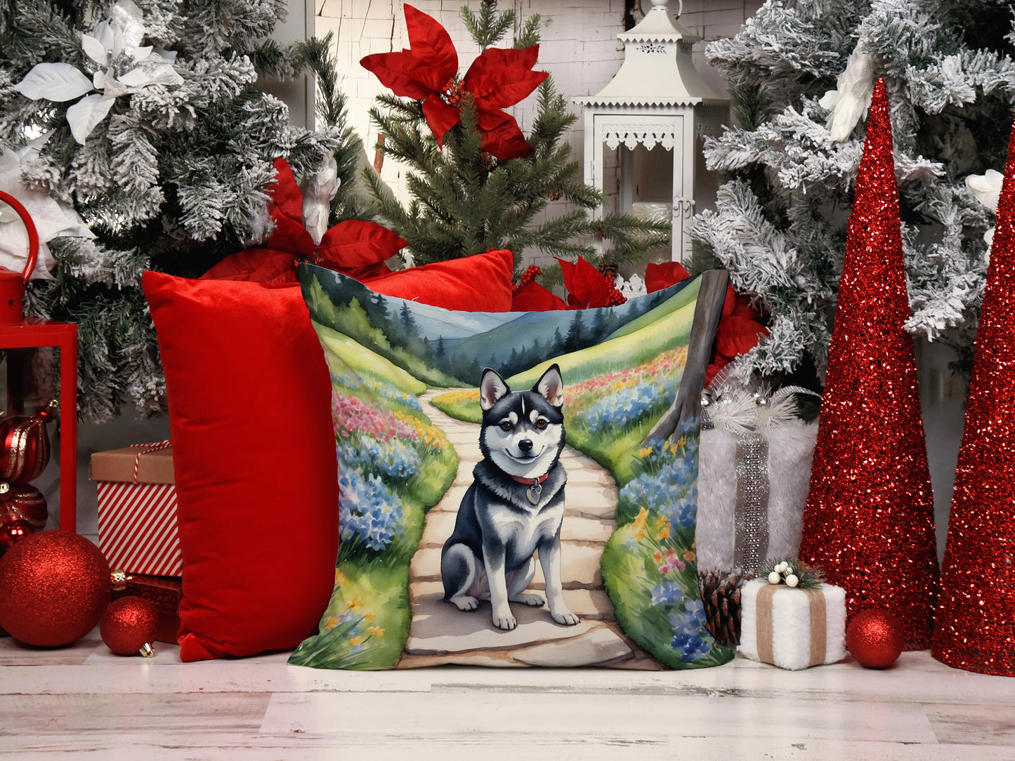 Alaskan Klee Kai Spring Garden Throw Pillow