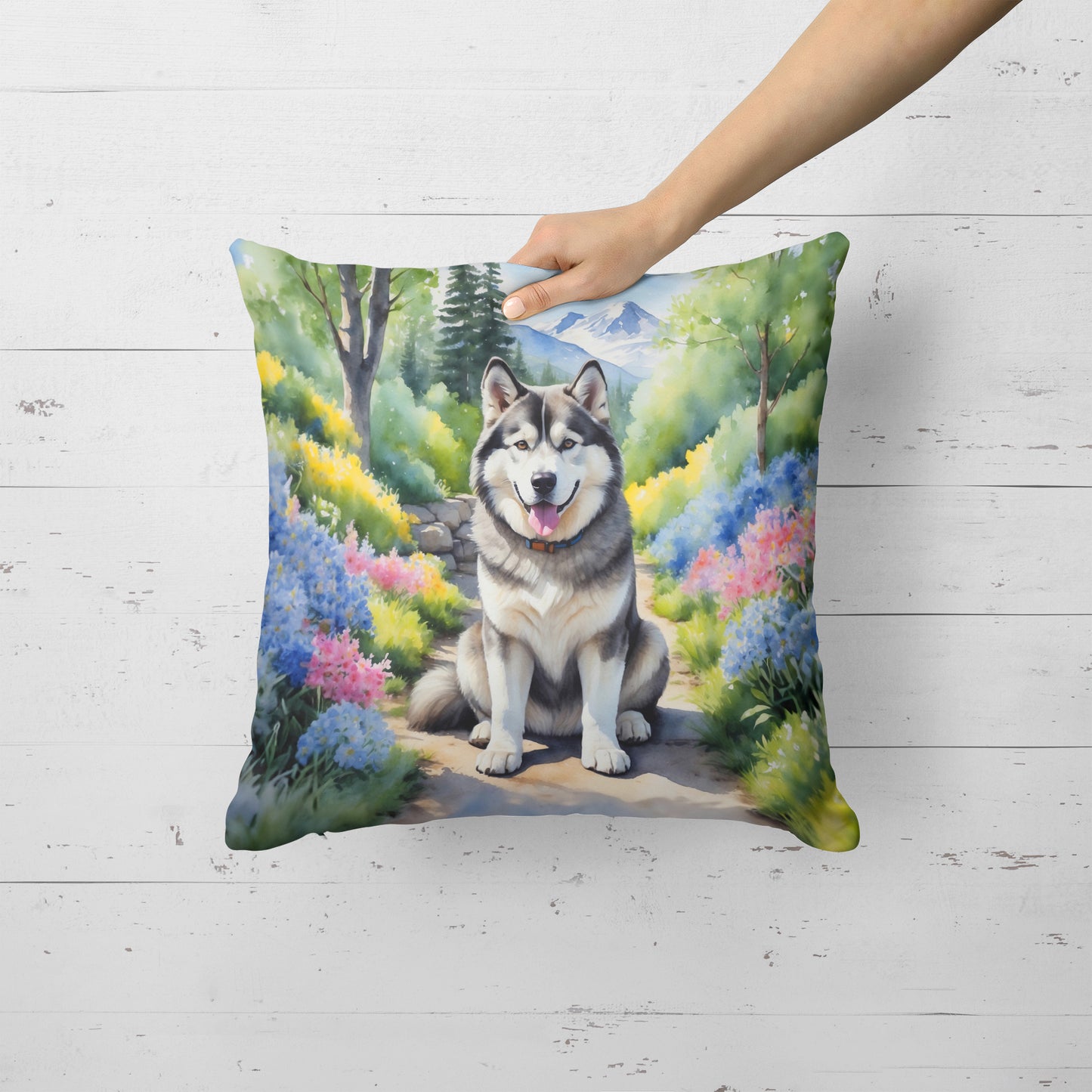 Alaskan Malamute Spring Garden Throw Pillow