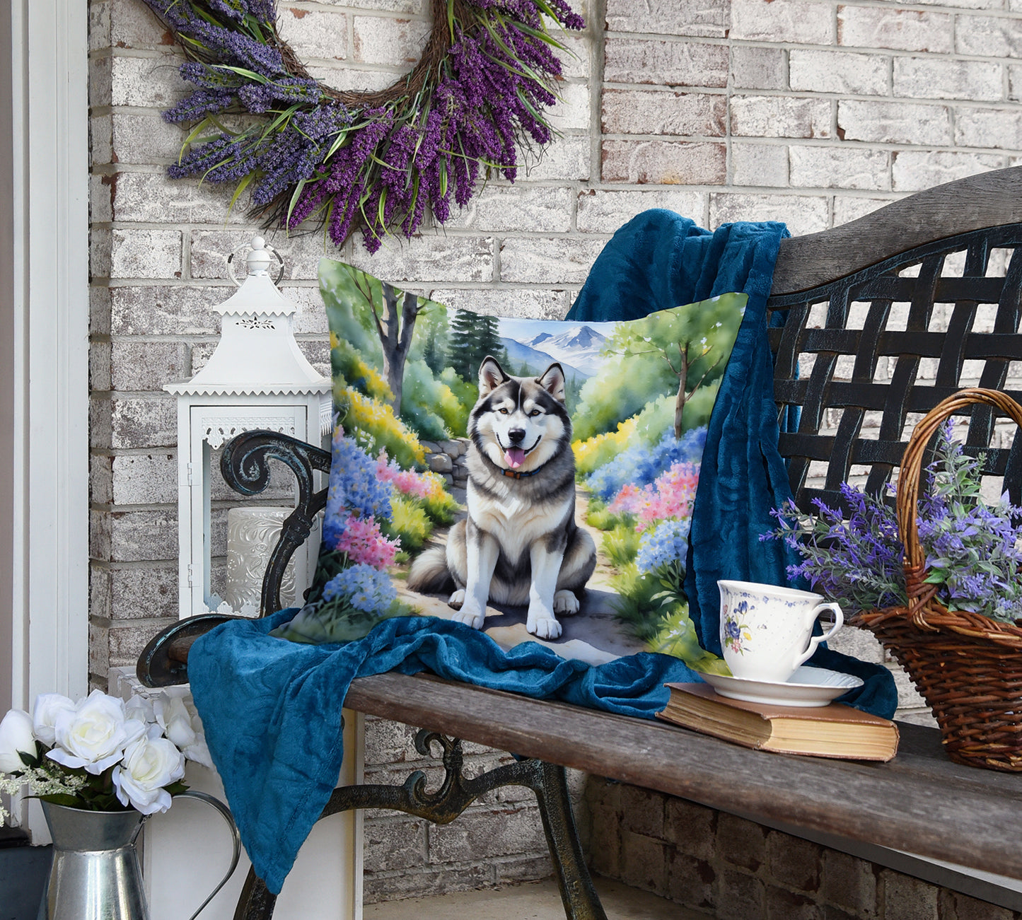 Alaskan Malamute Spring Garden Throw Pillow