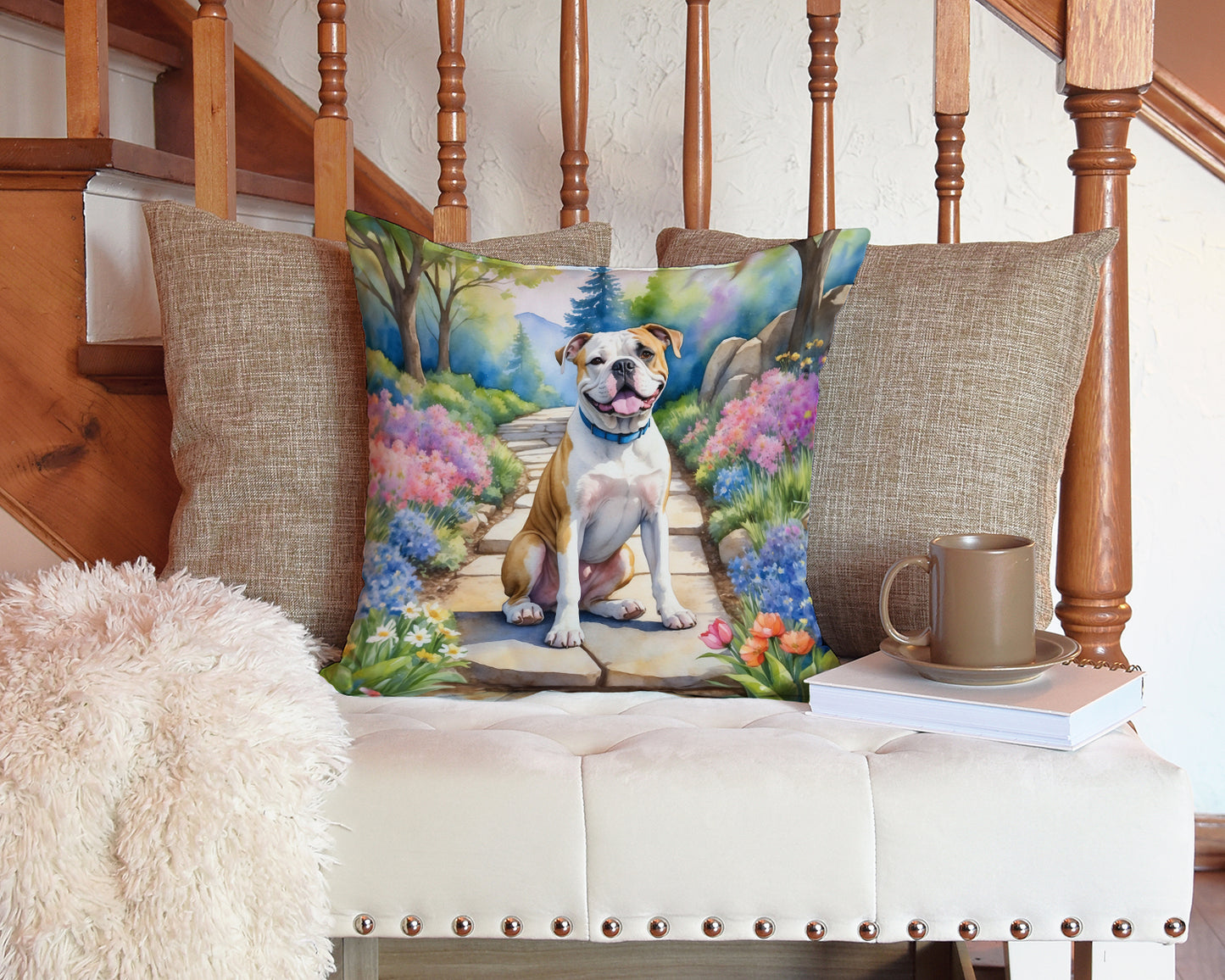 American Bulldog Spring Garden Throw Pillow