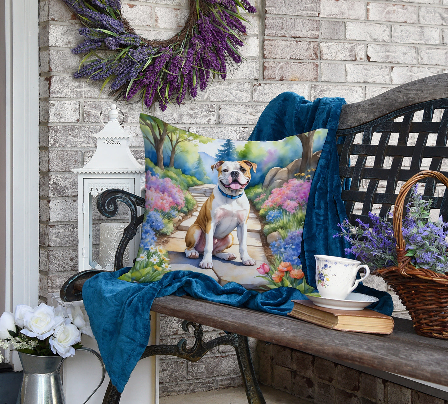 American Bulldog Spring Garden Throw Pillow