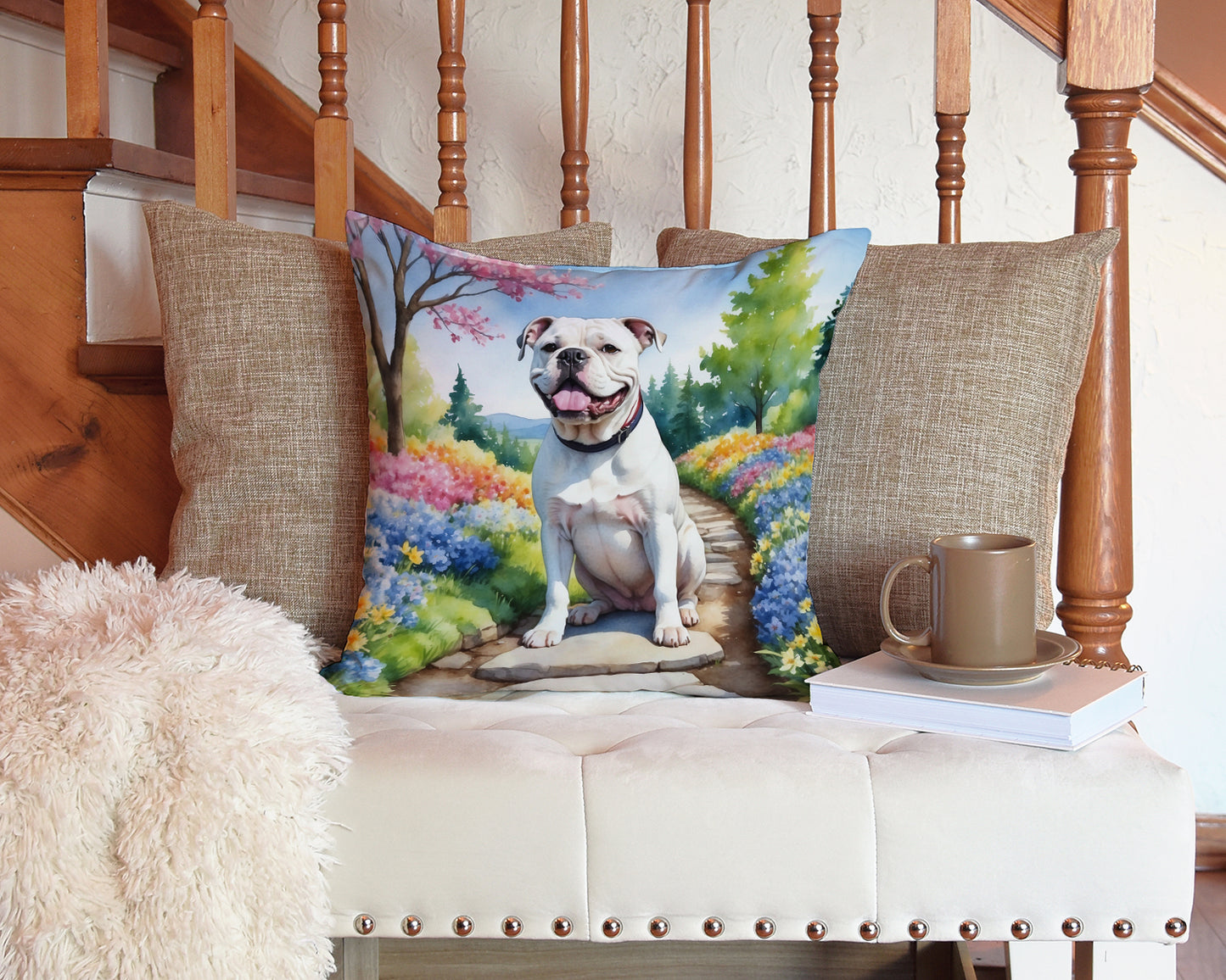 American Bulldog Spring Garden Throw Pillow
