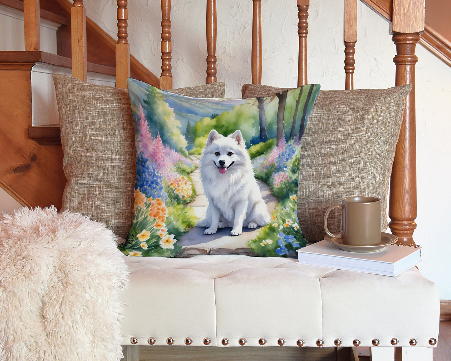 American Eskimo Spring Garden Throw Pillow