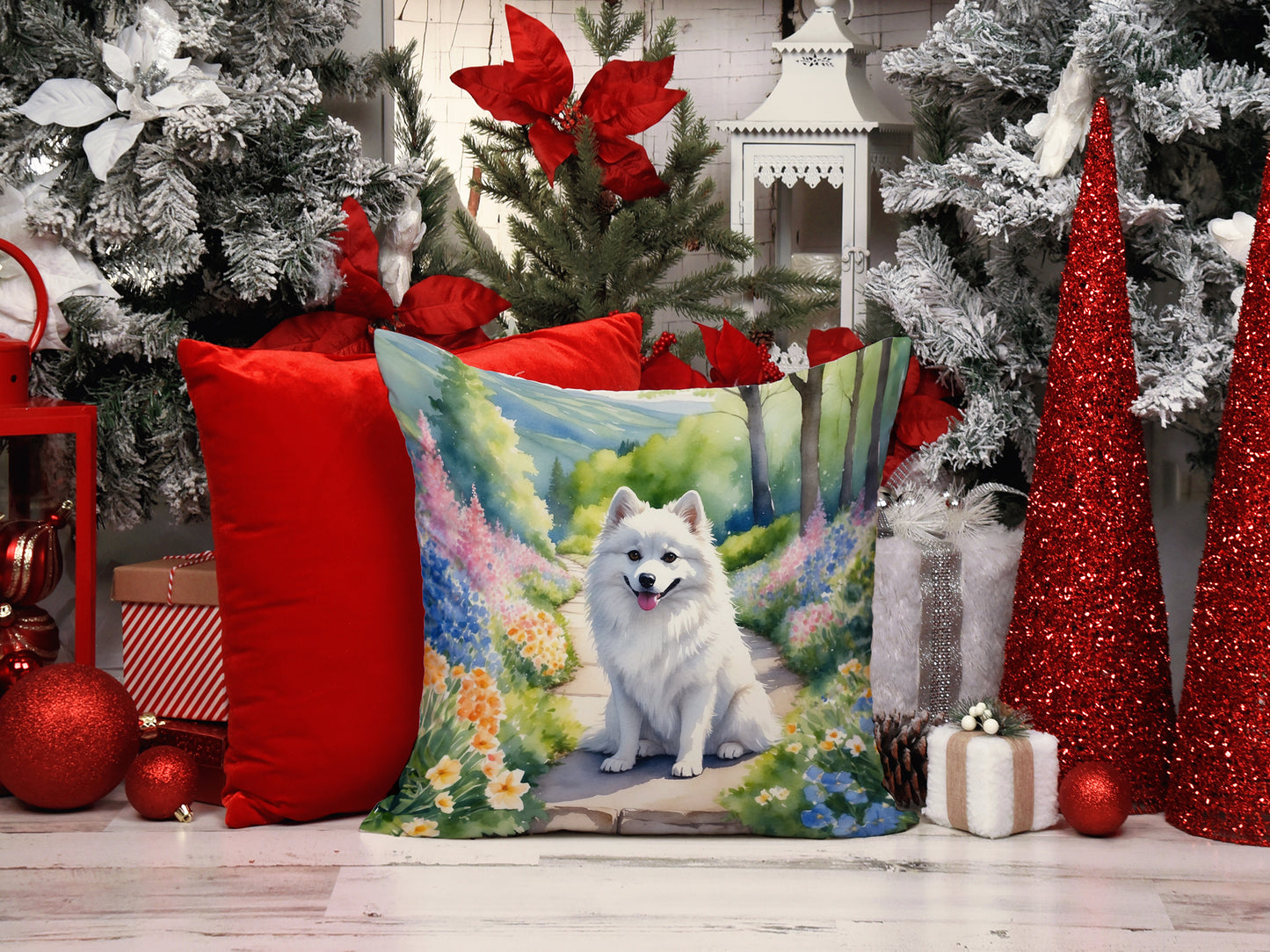 American Eskimo Spring Garden Throw Pillow