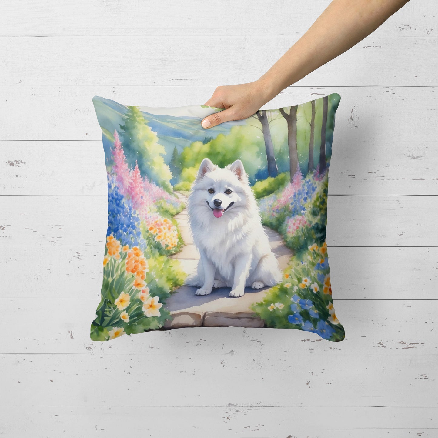 American Eskimo Spring Garden Throw Pillow