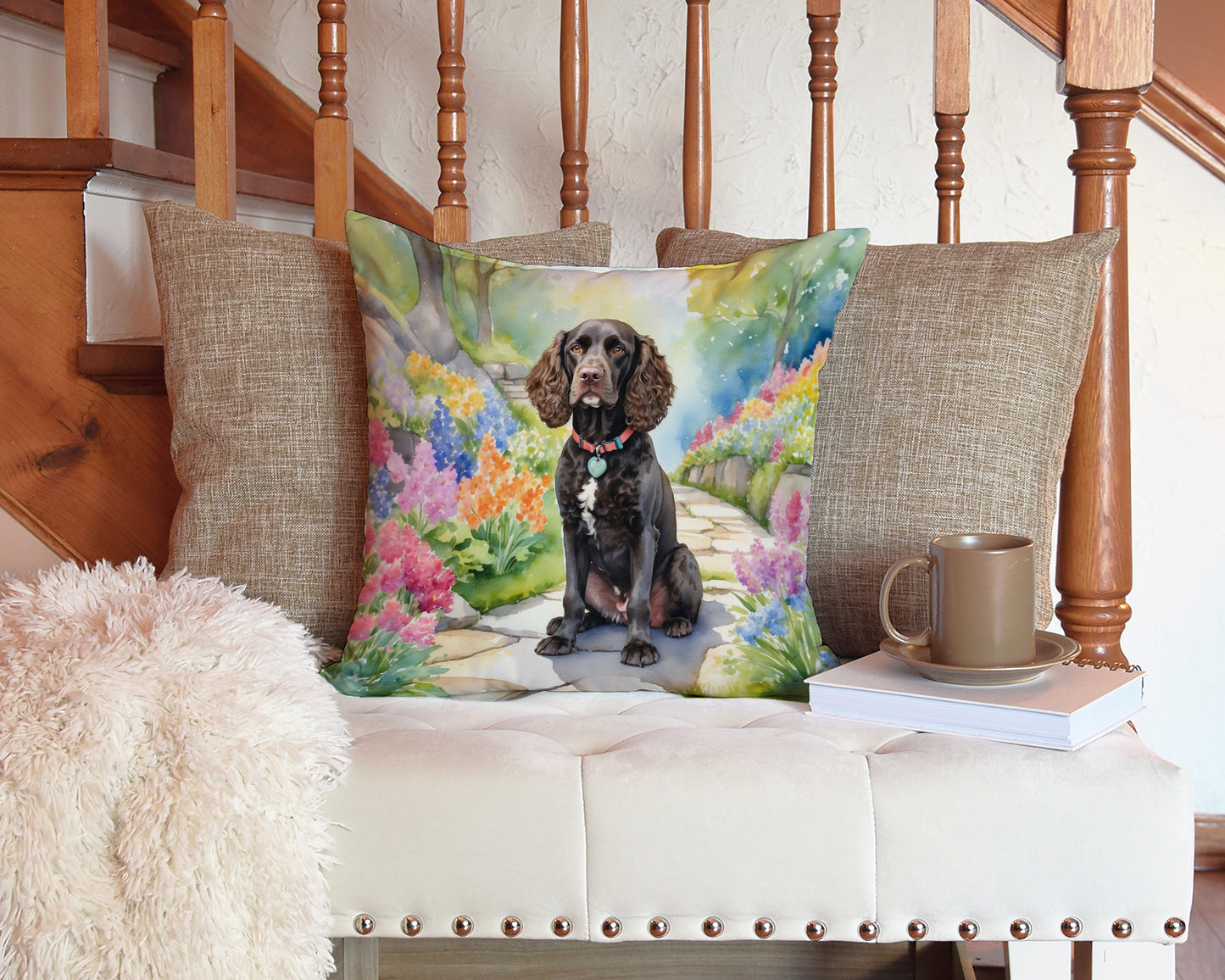 American Water Spaniel Spring Garden Throw Pillow