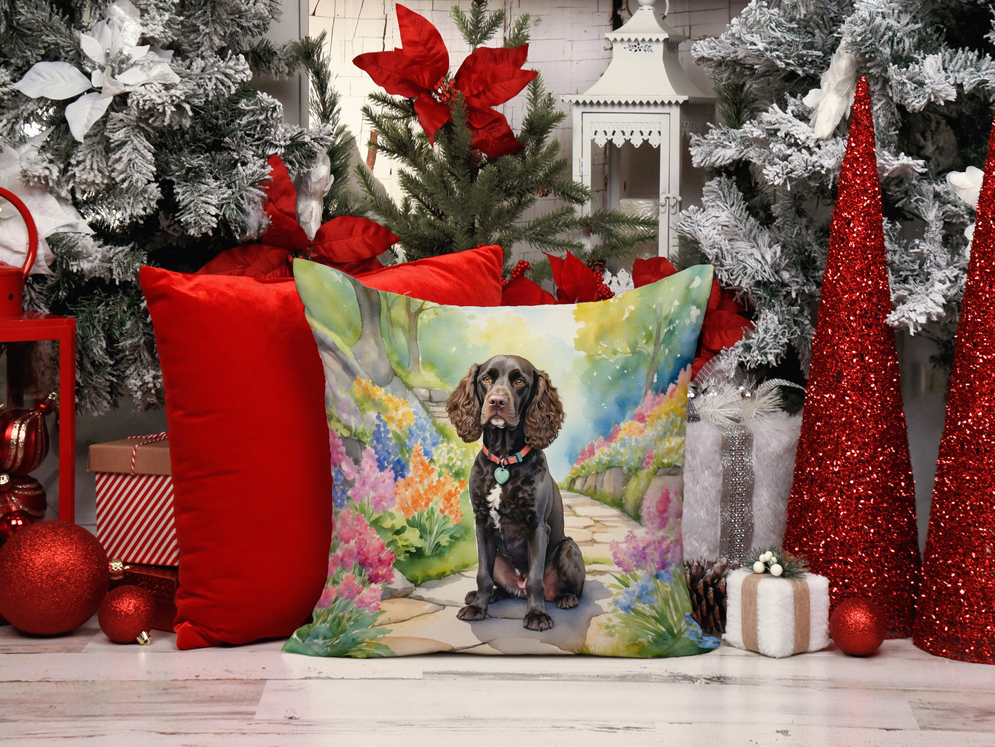 American Water Spaniel Spring Garden Throw Pillow