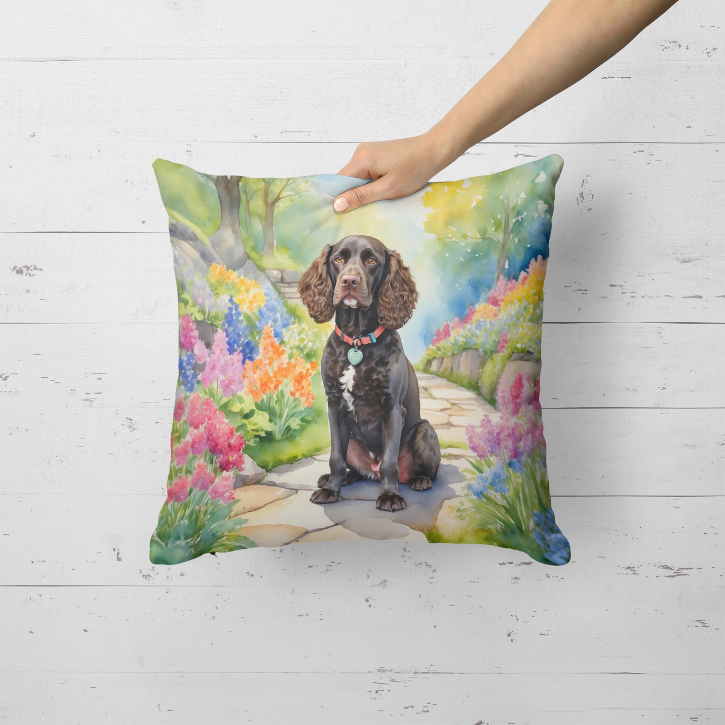 American Water Spaniel Spring Garden Throw Pillow