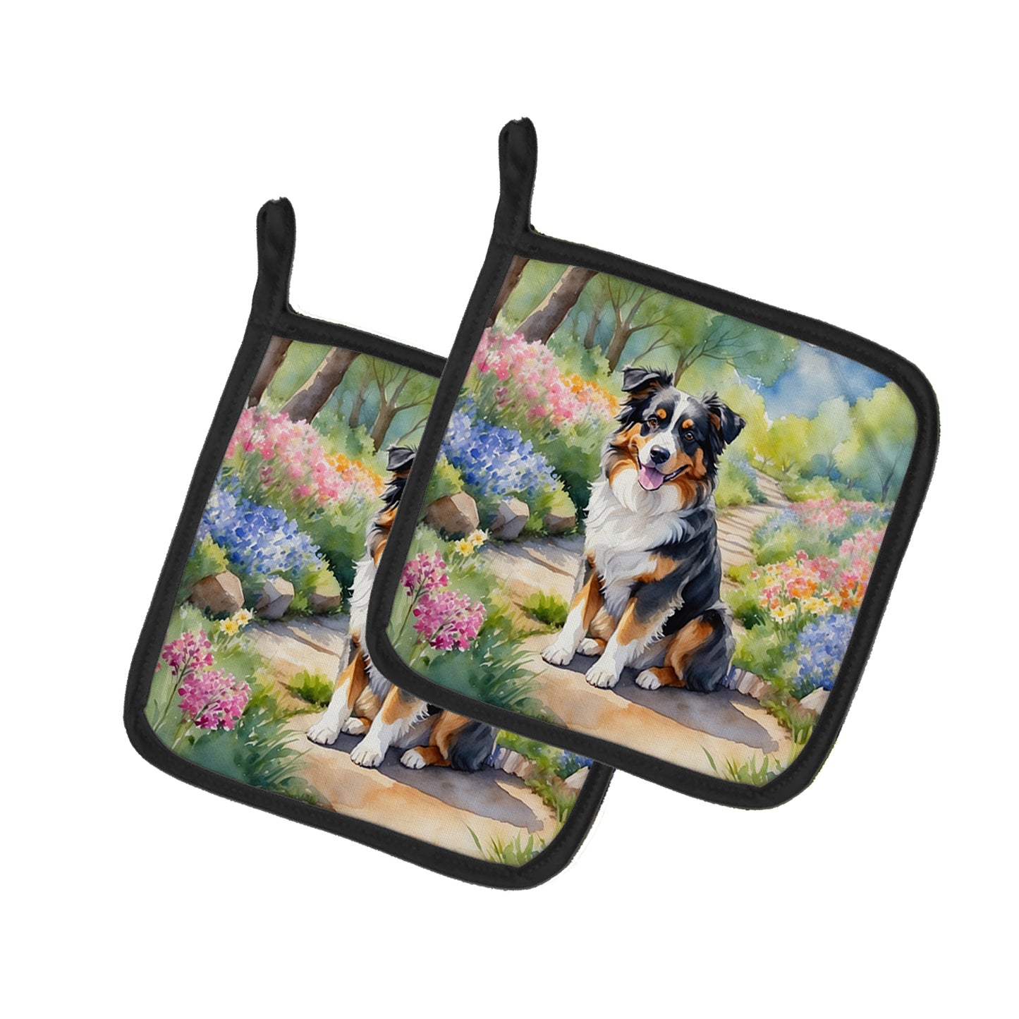 Buy this Australian Shepherd Spring Garden Pair of Pot Holders