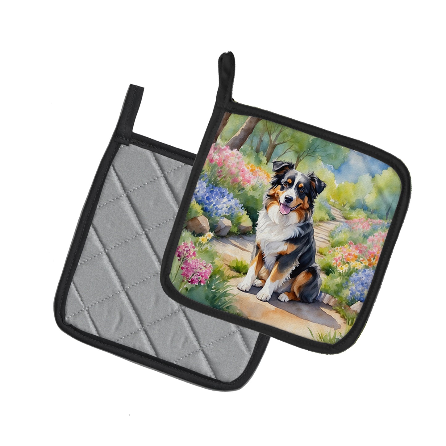 Australian Shepherd Spring Garden Pair of Pot Holders