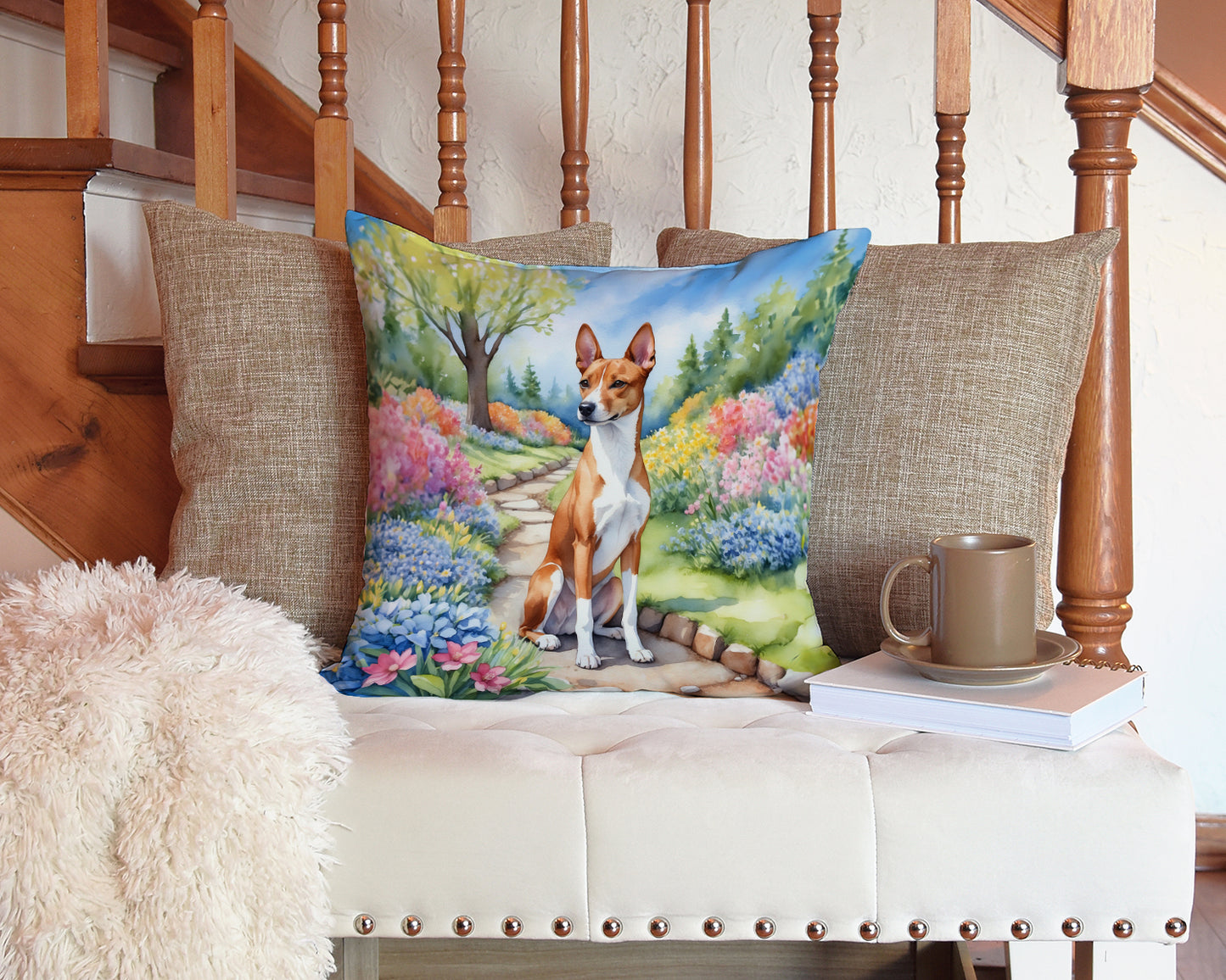 Basenji Spring Garden Throw Pillow