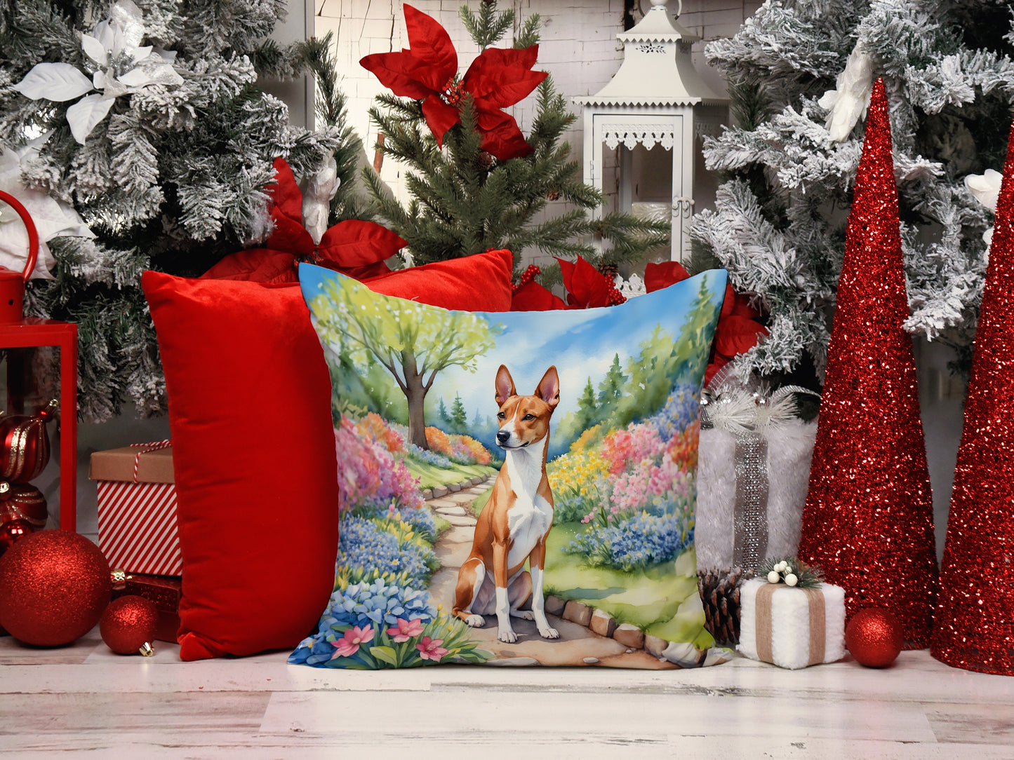 Basenji Spring Garden Throw Pillow