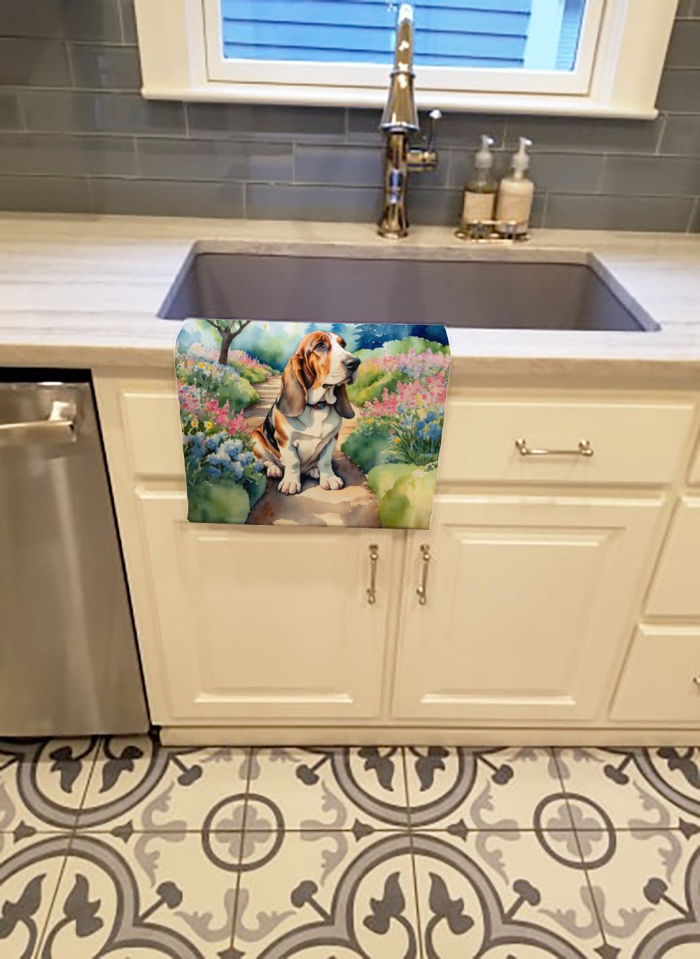 Basset Hound Spring Garden Kitchen Towel