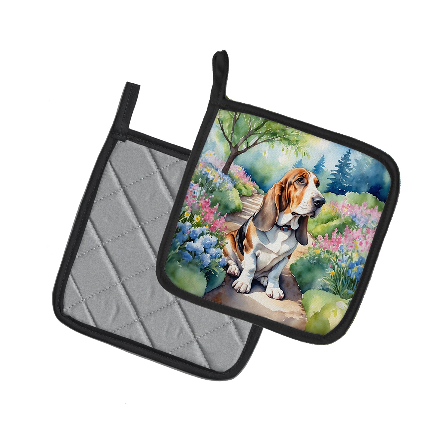 Basset Hound Spring Garden Pair of Pot Holders