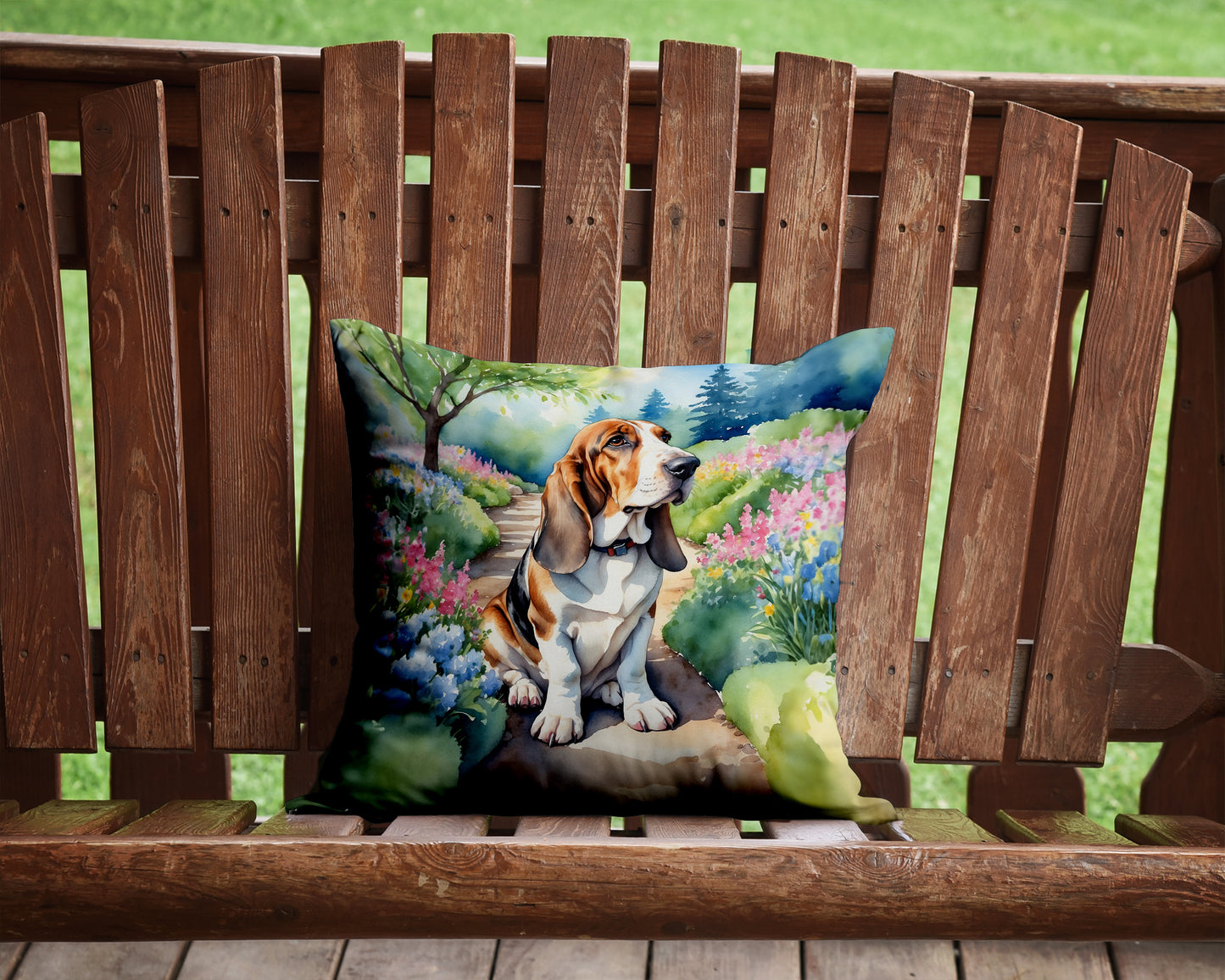 Basset Hound Spring Garden Throw Pillow