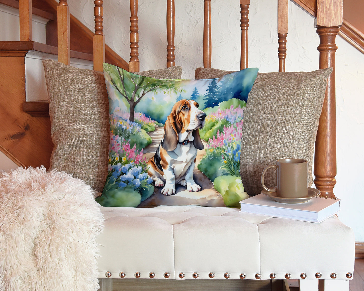 Basset Hound Spring Garden Throw Pillow