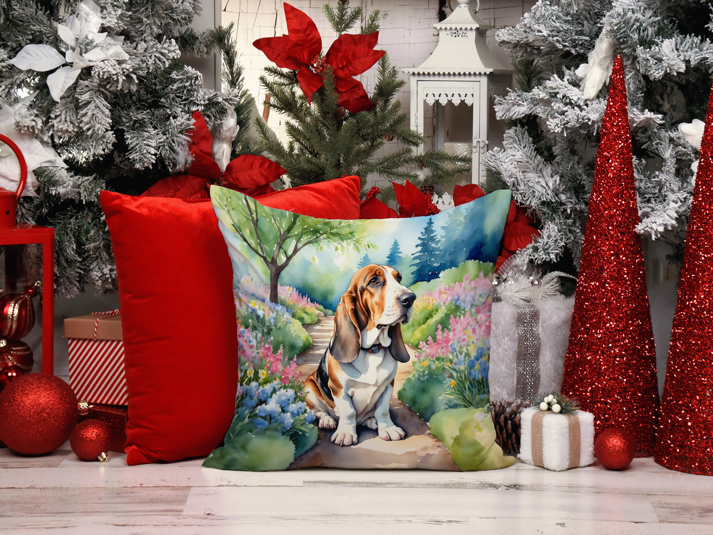 Basset Hound Spring Garden Throw Pillow